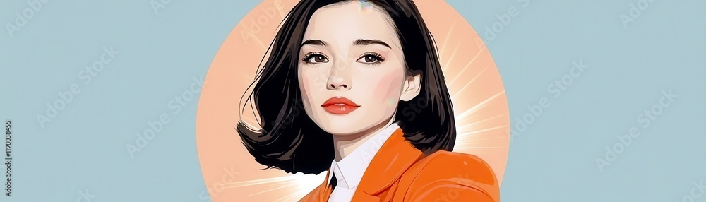 Elegant woman with short black hair and bright orange blazer against a pastel background showcasing a stylish and confident expression in a portrait illustration Elegant woman with short black hair and bright orange blazer against a pastel background showcasing a stylish and confident expression in a portrait illustration
