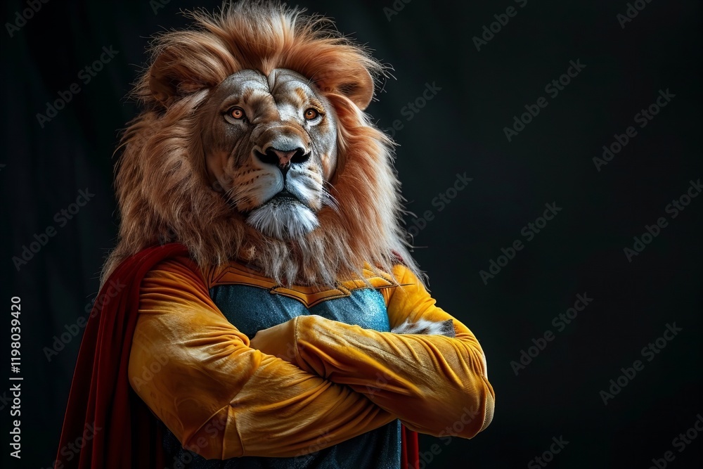 Fototapeta premium Roaring Guardian: Lion Superhero in Regal Pose with Cloak and Mask on Dark Background