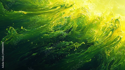   A painting of vibrant swirls in shades of green and yellow against a yellow-green backdrop, featuring water droplets at the base