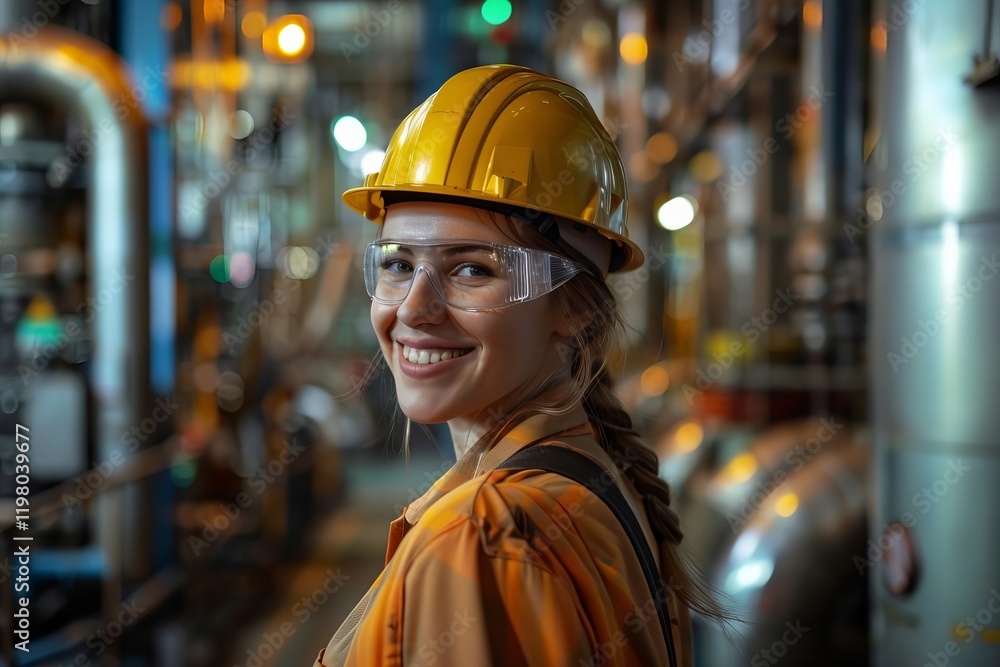 Smiling Female Nuclear Engineer Radiating Resilience in a Power Plant Portrait Smiling Female Nuclear Engineer Radiating Resilience in a Power Plant Portrait