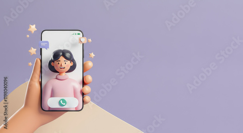 Cartoon hand holding smartphone displaying video call with female avatar on screen