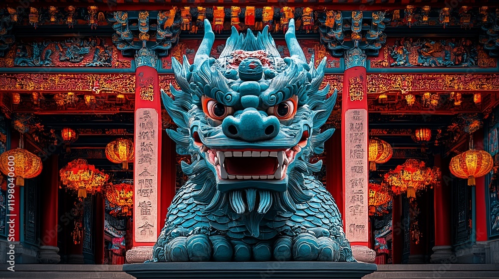 Fototapeta premium Blue dragon statue before Chinese temple.
