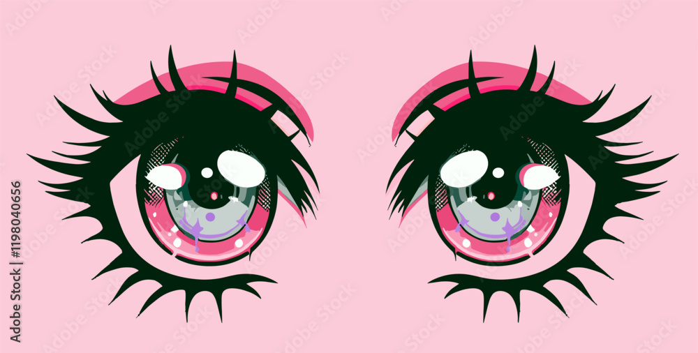 Bold fashionable graphic vector illustration of a pair of anime eyes of a female character for t-shirt printing. Bold fashionable graphic vector illustration of a pair of anime eyes of a female character for t-shirt printing.