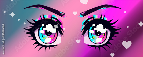 Large sparkling anime eyes with long lashes on a gradient shiny background.