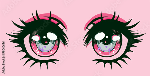 Bold fashionable graphic vector illustration of a pair of anime eyes of a female character for t-shirt printing.
