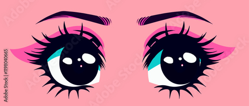 Bold fashionable graphic vector illustration of a pair of anime eyes of a female character for t-shirt printing.