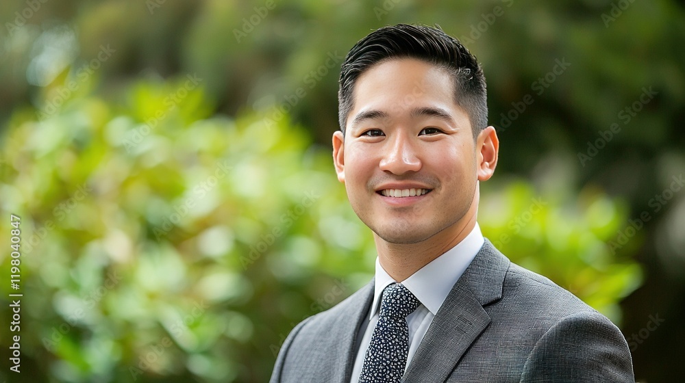 A detailed shot of someone in a suit and tie, grinning at the camera amidst tree scenery A detailed shot of someone in a suit and tie, grinning at the camera amidst tree scenery