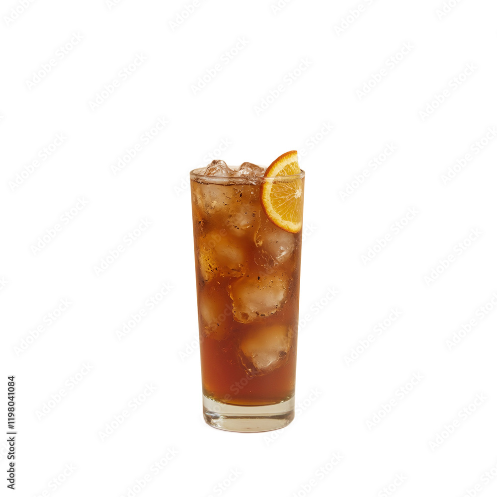 Refreshing iced espresso tonic with orange slice on beige surface Refreshing iced espresso tonic with orange slice on beige surface