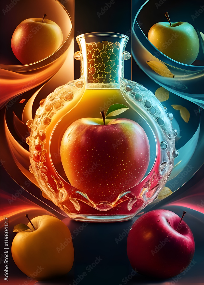 delightful beautiful scene with bottle of fresh apple juice. Digital artwork. Ai generated.