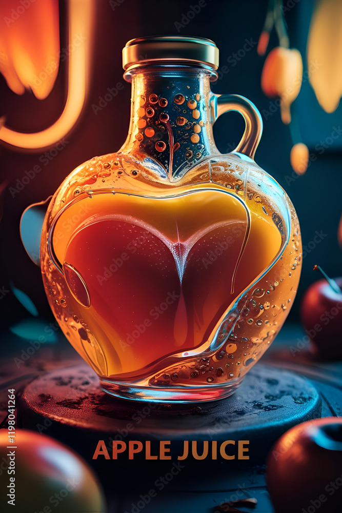 delightful beautiful scene with bottle of fresh apple juice. Digital artwork. Ai generated.