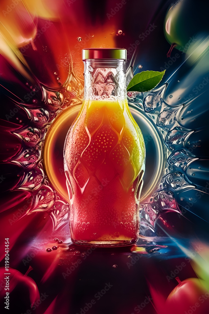 delightful beautiful scene with bottle of fresh apple juice. Digital artwork. Ai generated.