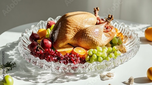 Roasted Turkey with Autumn Fruits on a Crystal Platter photo