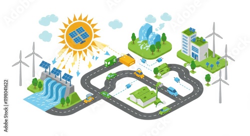 Sustainable City: Isometric illustration depicting a futuristic eco-friendly city powered by renewable energy sources like solar panels, wind turbines, and hydropower.