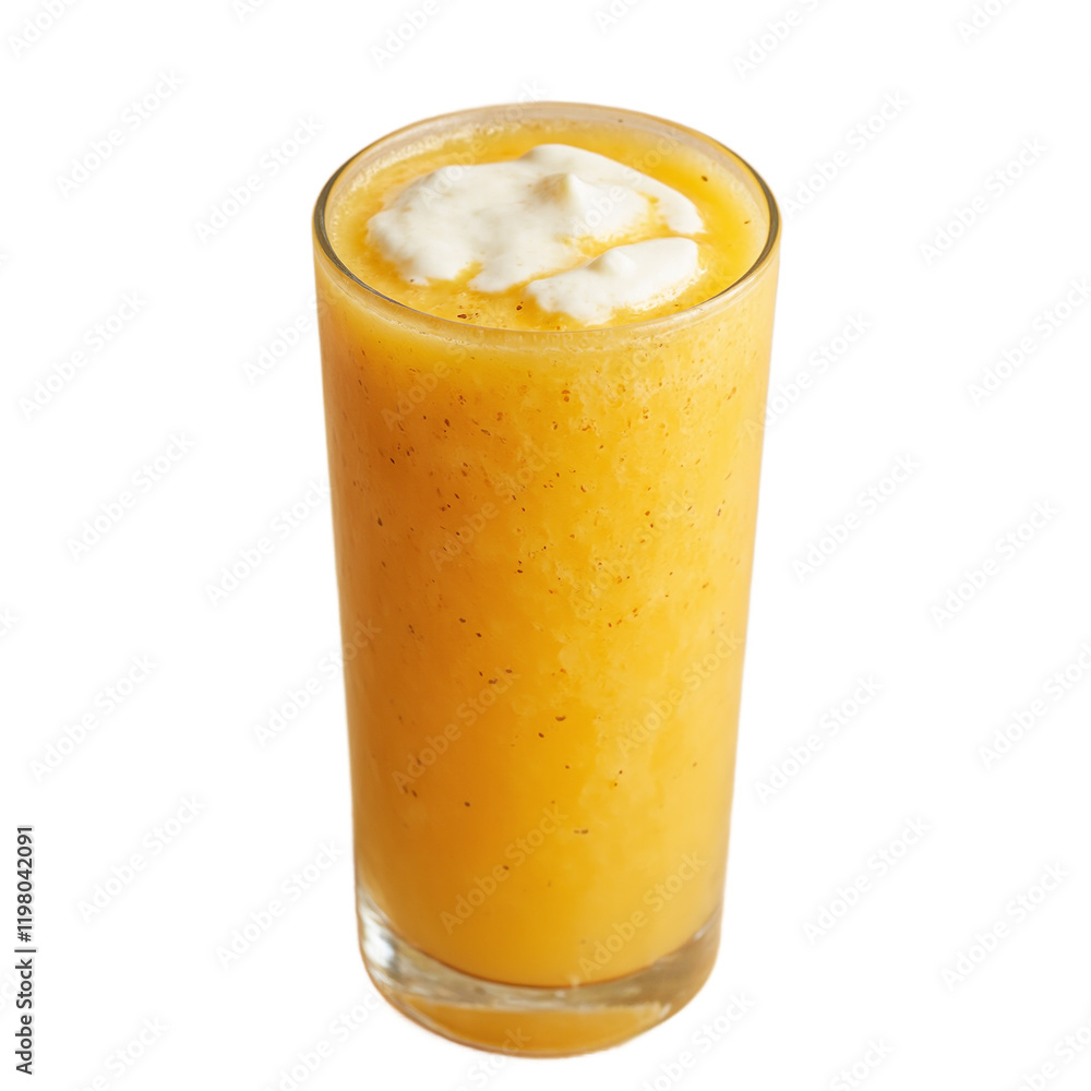 Refreshing mango lassi with yogurt swirl in tall glass on beige surface Refreshing mango lassi with yogurt swirl in tall glass on beige surface