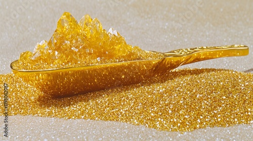 Golden Crystals in a Gold Spoon on Glitter photo