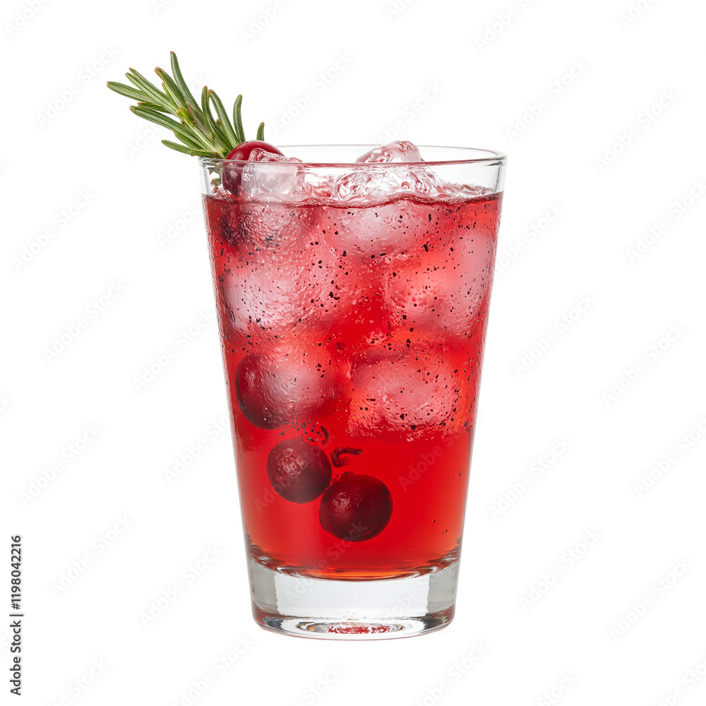 Refreshing cranberry juice with rosemary garnish on white background Refreshing cranberry juice with rosemary garnish on white background