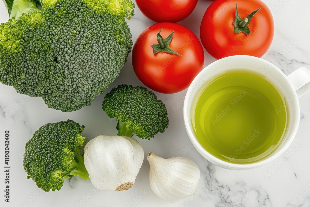 Freshly harvested broccoli and tomatoes with garlic and green tea on a marble surface for healthy meal preparation Freshly harvested broccoli and tomatoes with garlic and green tea on a marble surface for healthy meal preparation