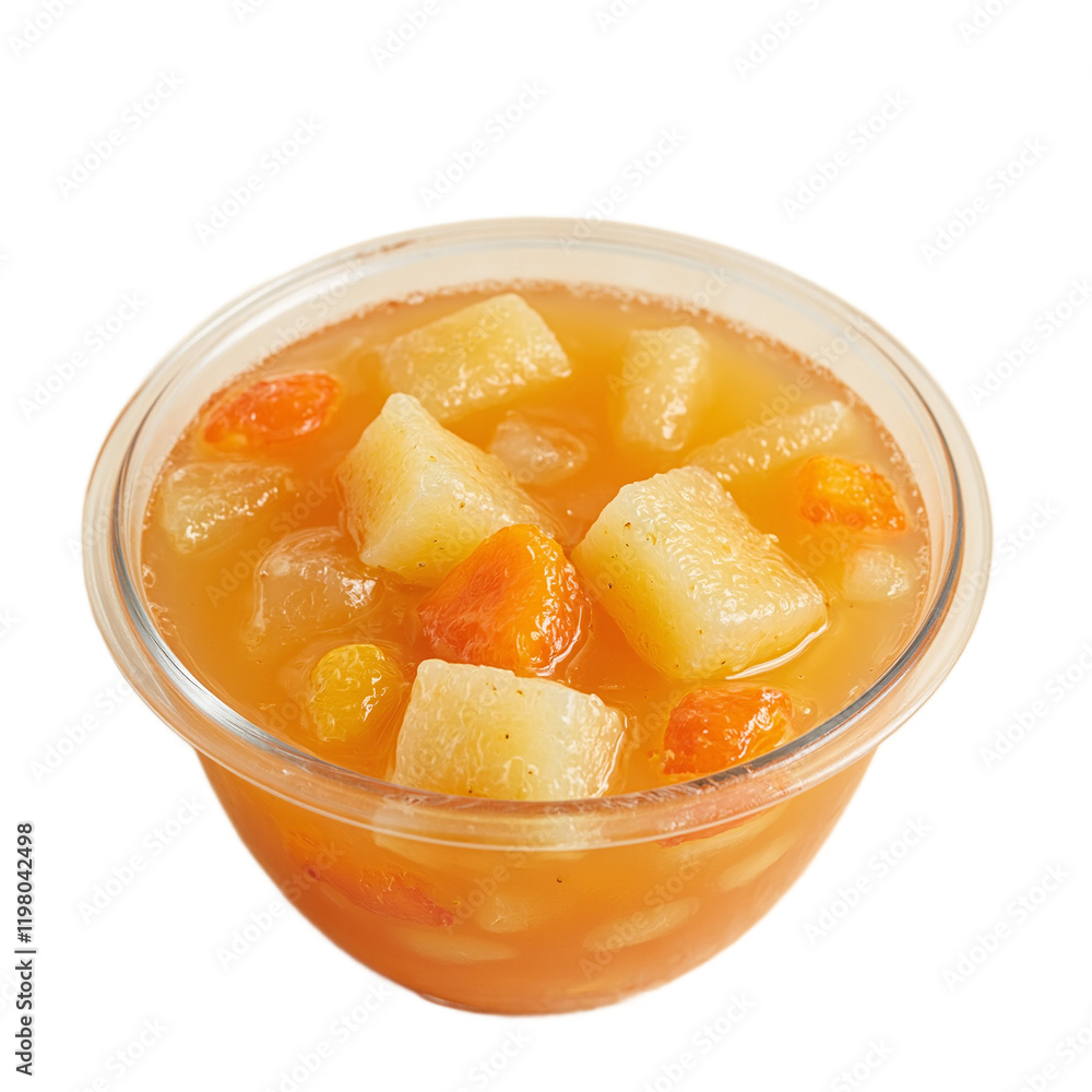 Fresh fruit punch in clear bowl with orange and pineapple chunks light beige surface Fresh fruit punch in clear bowl with orange and pineapple chunks light beige surface
