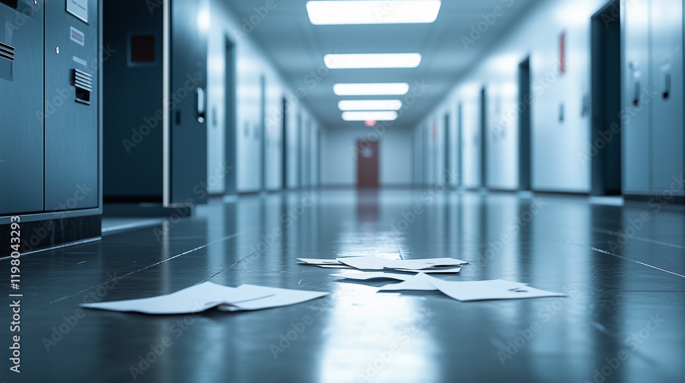 Obraz premium Empty school hallway with scattered papers on a reflective floor, symbolizing transition and the quiet before students return, suitable for back to school