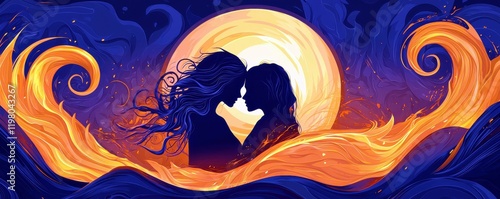Silhouettes of Two Lovers Embraced by Flames Beneath a Mystical Moon, an Artistic Representation of Passion and Connection in Vibrant Colors