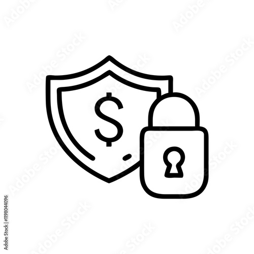 Financial security icon featuring a shield and a padlock with a dollar symbol in a simple line design