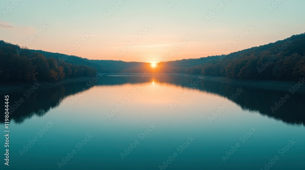Serene sunrise over a calm lake surrounded by lush forests, reflecting vibrant colors and tranquility Serene sunrise over a calm lake surrounded by lush forests, reflecting vibrant colors and tranquility