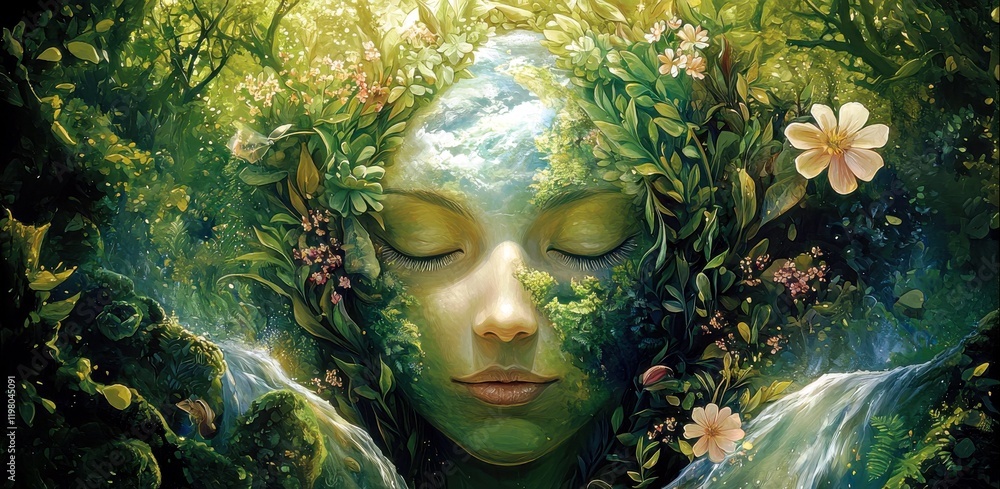 Serene Green Goddess Surrounded by Lush Nature with Blossoms, Streams, and a Dreamy Landscape Reflecting Earth’s Beauty and Tranquility Serene Green Goddess Surrounded by Lush Nature with Blossoms, Streams, and a Dreamy Landscape Reflecting Earth’s Beauty and Tranquility