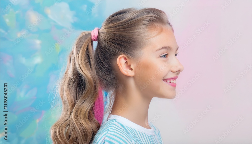 長い髪の毛をポニーテールで一つにまとめる白人の少女。AIで生成 長い髪の毛をポニーテールで一つにまとめる白人の少女。AIで生成
