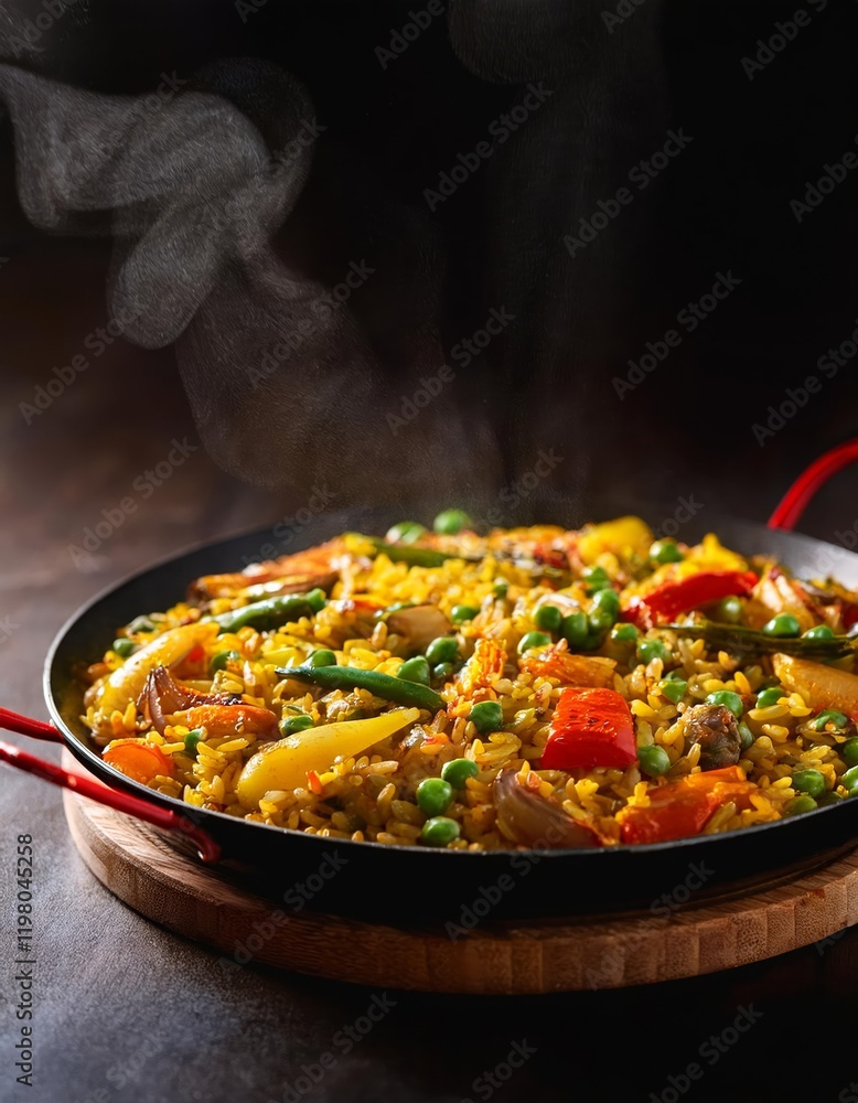 Close-up of vegetarian paella made with saffron rice, bell peppers, artichokes, green beans, and peas, served in a rustic pan with visible steam rising Close-up of vegetarian paella made with saffron rice, bell peppers, artichokes, green beans, and peas, served in a rustic pan with visible steam rising