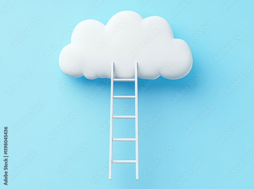 Stepladder illustrated with a cloud against a blue backdrop, designed conceptually Stepladder illustrated with a cloud against a blue backdrop, designed conceptually
