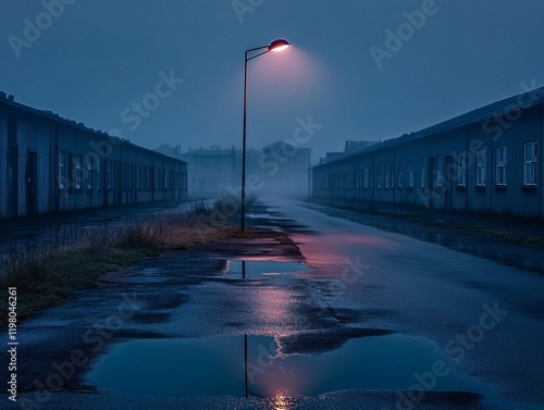 Moody night street photography with glowing lamp posts reflected in wet pavement under a foggy atmosphere photo