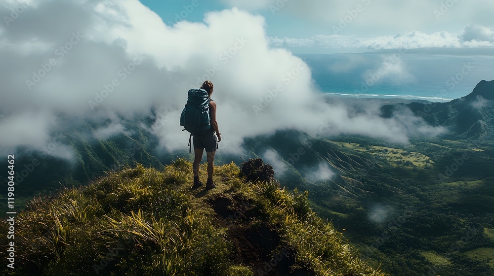 Hiker standing on mountain peak under cloudy sky
Hiker standing on mountain peak under cloudy sky