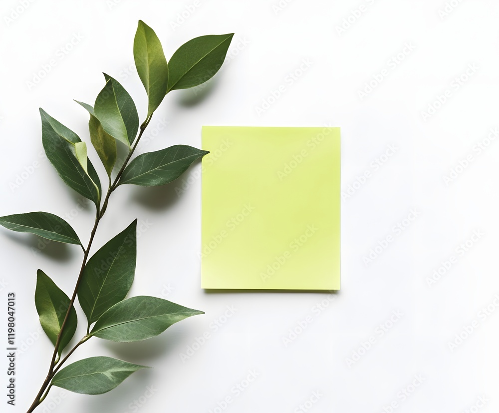 Green leaves and a pale yellow sticky note on white Green leaves and a pale yellow sticky note on white