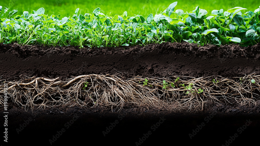 Fototapeta premium Soil fertility testing with plant roots and soil layers exposed, soil fertility, agricultural science