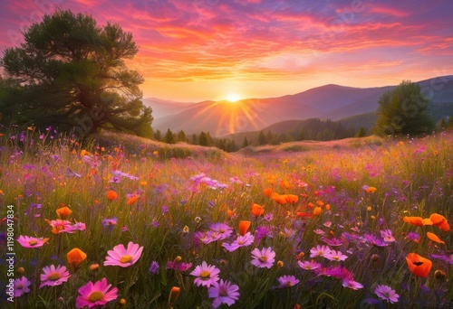 breathtaking sunrise scene featuring vibrant wildflowers adorned dewdrops colorful natural landscape, rainbow, lgbtq, lgbt, pride, love, equality, bloom photo