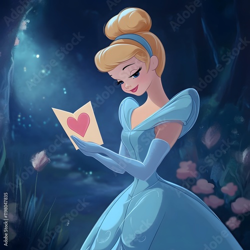 Cinderella reading a love letter in a magical forest setting at twilight