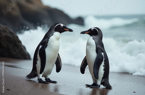 Two penguins standing on a sandy beach near crashing ocean waves with rocky cliffs in the background