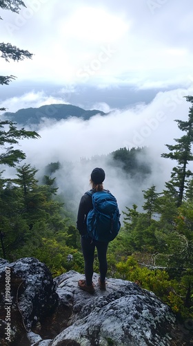 Wallpaper Mural Hiker standing on mountain peak under cloudy sky
 Torontodigital.ca
