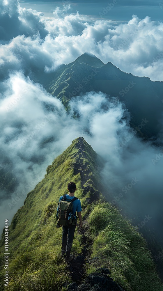 Fototapeta premium Hiker standing on mountain peak under cloudy sky 