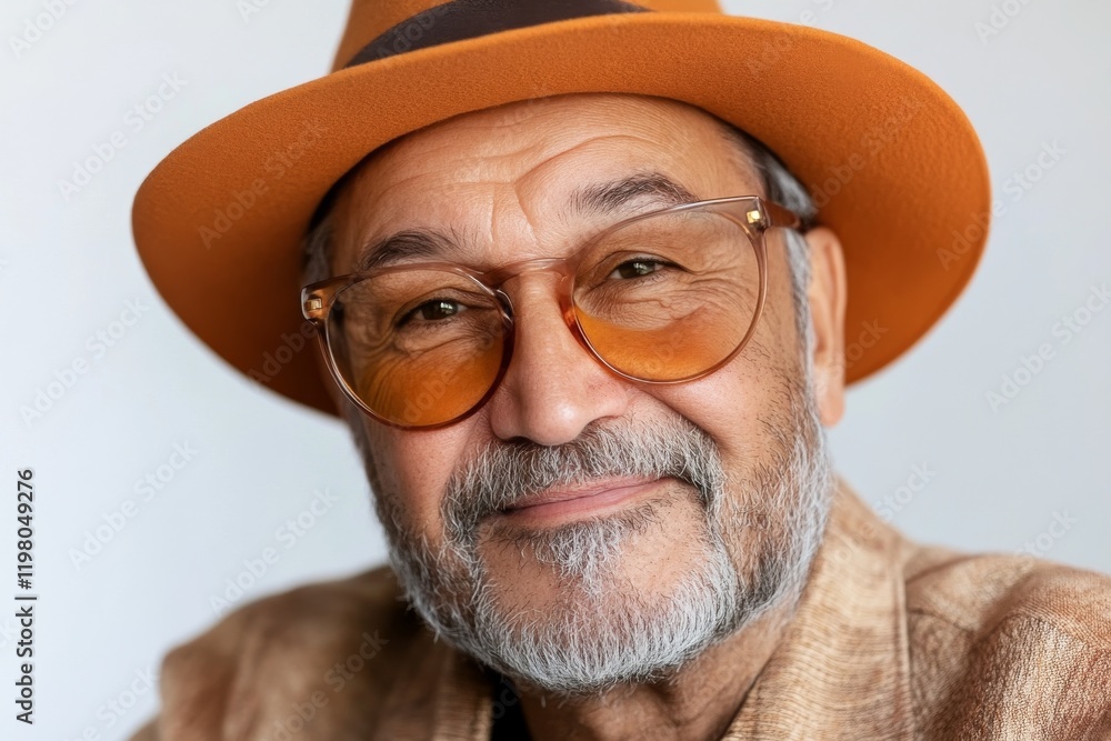 Elderly man with a stylish orange hat and glasses smiling warmly at the camera in a bright indoor setting Elderly man with a stylish orange hat and glasses smiling warmly at the camera in a bright indoor setting