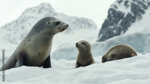   A pair of sea lions lounging on a snowy rock formation beside a mound of snow-covered boulders