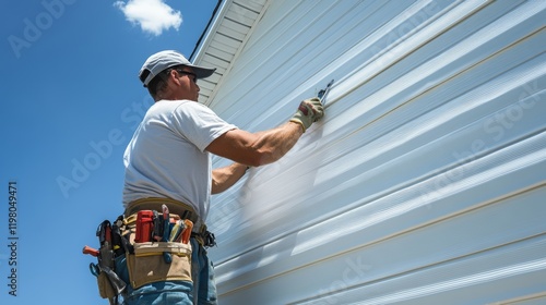 A construction worker installs a piece of fascia on the eaves of a house