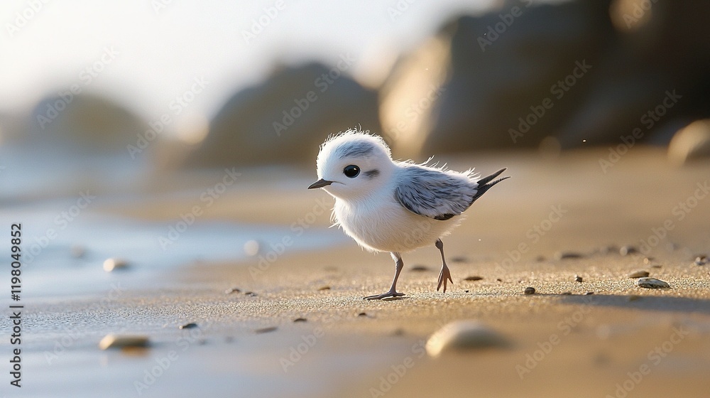 Small bird standing on beach with water & rocks Small bird standing on beach with water & rocks