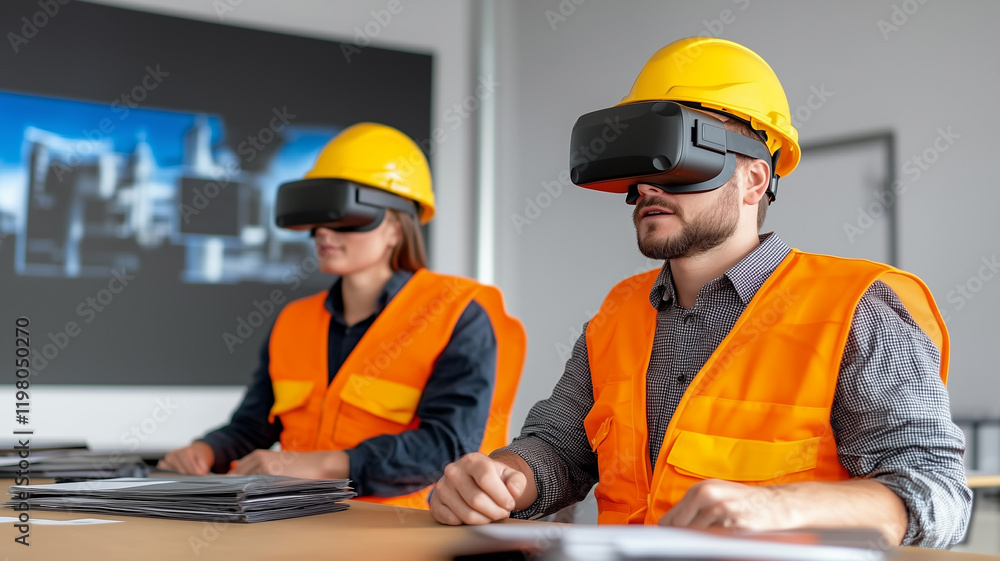 Workers in safety gear use virtual reality headsets in an indoor training environment, showcasing advanced technology in occupational safety.
Workers in safety gear use virtual reality headsets in an indoor training environment, showcasing advanced technology in occupational safety.