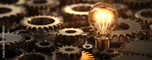 Innovative Light Bulb Among Gears: Symbolizing Creative Ideas and Technology Progress