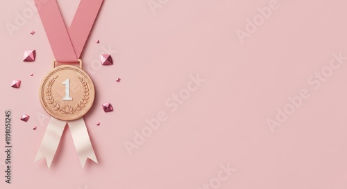 Gold medal with pink ribbon on soft background, scattered small gemstones