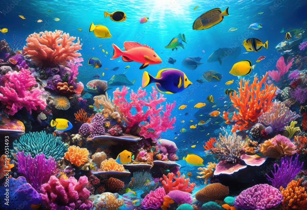 Obraz premium vibrant coral reef ecosystems filled colorful marine life including stunning underwater flora, aquatic, biodiversity, bioluminescence, clam, crab, depth