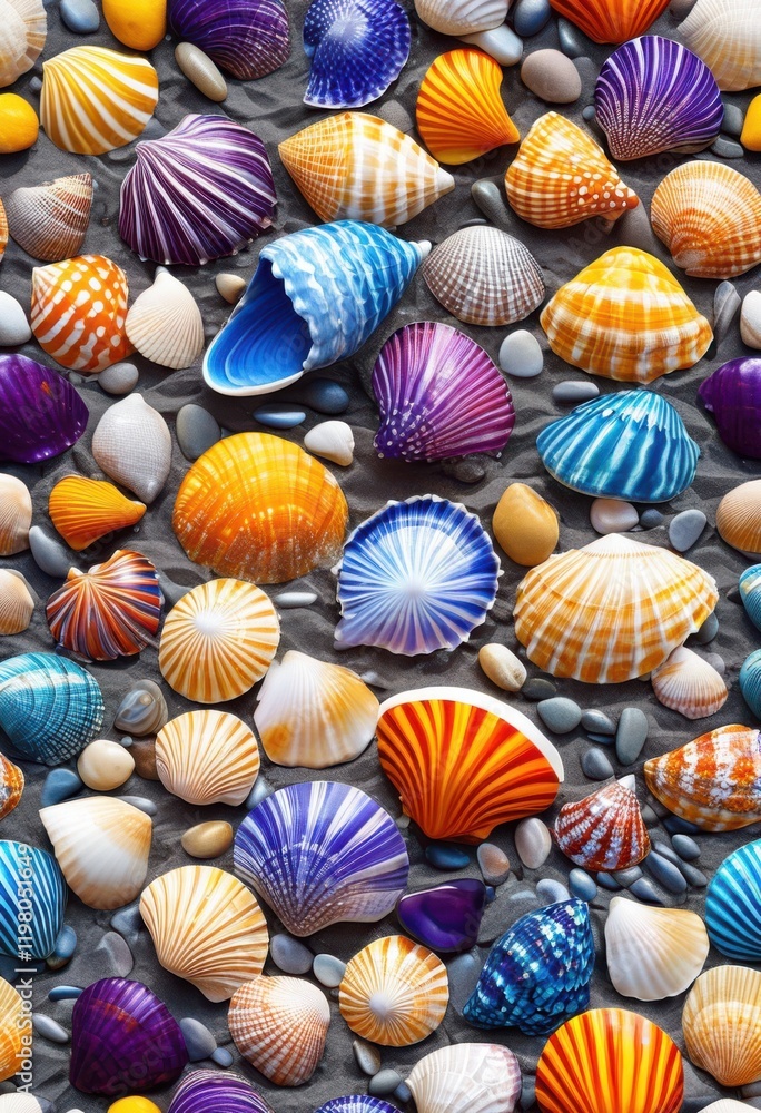 colorful seashells arranged artfully calm blue ocean background creating serene coastal scene full natural beauty texture, backdrop, composition, beach, marine colorful seashells arranged artfully calm blue ocean background creating serene coastal scene full natural beauty texture, backdrop, composition, beach, marine