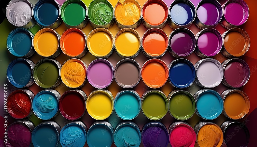 Vibrant Paint Can Display A Symphony of Color and Texture, Showcasing a Variety of Hues in Stacked Art Supplies Vibrant Paint Can Display A Symphony of Color and Texture, Showcasing a Variety of Hues in Stacked Art Supplies