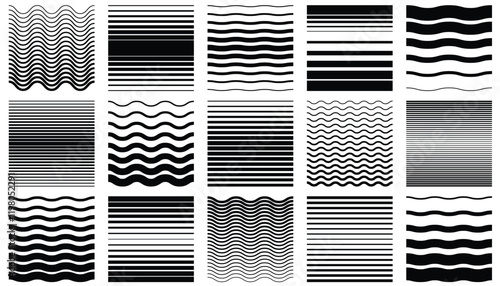 Black halftone seamless pattern horizontal stripes set. Abstract striped fade background. Wavy and straight gradient border collection.